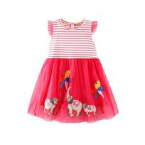 Girls' Cartoon Elephant Embroidered Striped Mesh Dress - Spring/Summer Short Sleeve 3 Years (100 cm)