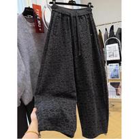 Women's High-Waisted Gray Leopard Wide-Leg Pants - Winter Plus Velvet, Casual, Drawstring, 2-Way Wear. 3XL (185-210 lbs)