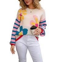 Women's Casual Fashion Retro Round Neck Loose Pullover Long Sleeve Sweater L chaki
