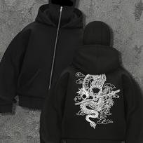 Women'S Stylish Dragon Print Hoodie - Black Zip-Up Hooded Sweatshirt with Pockets, Casual Sporty S