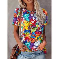 Vibrant Multi-Color Women's Tee - Playful Cartoon Cats Graphic, Cheerful Cat Print Design for Casual Daily Wear M