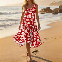 Women's Casual Sleeveless Floral Print Dress Mid-Length Round Neck Irregular Hem Summer Beach Dress XL