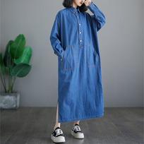 Women’S Plus Size  Denim Dress Turn-Down Collar Mid-Calf Long Sleeve Maxi Dresses with Pocket L