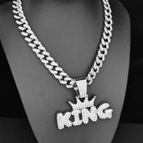 Newly Launched Unisex Hip-hop Full Diamond Crown Letter KING Shape Zinc Alloy Thickened Pendant Necklace Featuring Brass Zircon 50cm