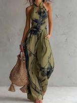 Womens Halter Neck Tie Side Wide Leg Jumpsuit Floral Print Backless Summer Romper S