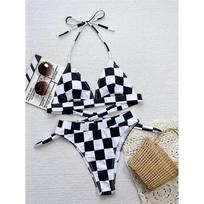 Black White Plaid Halter Mid Waist Bikini Female Swimsuit Women Swimwear Two-Pieces Bikini Set Bather Bathing Suit Swim S