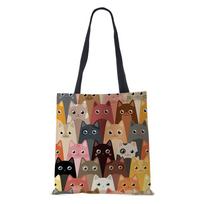 Women Handbag Linen Totes with Family Cat Print Casual Traveling Beach Gift Bags KTY