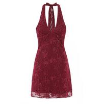 French Chic Halter Sequin Mesh Open-Back Flocked Camisole Dress Large