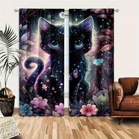 Set Of 2 Cute Cat Printed Curtains Pole Bag Bedroom Living Room Decoration Home Made Polyester Great Window Treatment W100*H70(CM)-Rod Pocket&1PCS