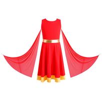 Girls Praise Dance Tunic Dress Metallic Waist Back Zipper Contrast Hem and Sheer Mesh Drapes for Liturgical Performance 5-6 Years