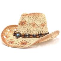 Wide Brim Cowboy Hat Ethnic Style Western Cowgirl Hat Fashion Summer Straw Hat  for Women & Men Beige Camel