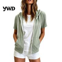 Breathable Women Hoodie Short Sleeve Zip-Up Hoodie, Casual Drawstring Sweatshirt Summer Outerwear for Summer, Lightweight Hooded Coat with Pockets XL žalia