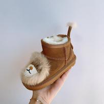Genuine Leather and Fur Short Boots Little Lion Cartoon Snow Boots for Children Non-slip Warm Cotton Shoes 24