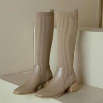 Autumn Winter Knitted Long Boots Women New Knee High Socks Shoes Women Fashion Slip on High Heels Retro Elastic Botas Mujer 35