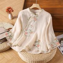 Women's Vintage Inspired Loose Fit Embroidered Mandarin Collar Button Front Cotton Linen Blend Blouse With Three Quarter Sleeves L smėlis