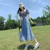 Women's High-Waisted Denim A-Line Midi Skirt, Slimming Fit, Petite to Plus-Size, Perfect for Spring and Summer. 2XL