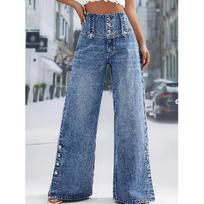 2026 Spring/Summer New Women's Denim Pants with Split Hem, High Waist, Vintage Buttoned Wide-Leg Jeans S