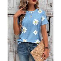 Stay effortlessly cute in this soft daisy print tee! Light blue base with white daisies, round neck, short sleeves—breathable, c S