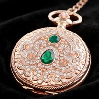 Retro Rose Gold Pocket Watch Crystal Embellished Green Teardrop Gem Necklace Watch for Anniversary Gifts