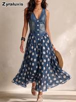 Oversized Printed Faux Denim Shirt with Polka Dot Skirt S