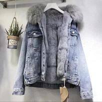 Women's Winter Short Denim Jacket with Large Fur Collar - Korean Style, Versatile, Loose Fit, Plus Velvet, Thickened Cotton M