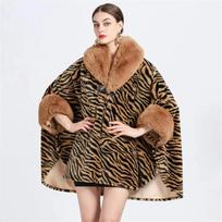 Moteriškas apskritas triušio kailio kaklo žieminis pončas viršutinis drabužis pelerinas storas šiltas leopardo rašto apsiaustas šikšnosparnio rankovėmis laisvas paltas One Size