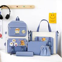 School bag new canvas backpack female cute versatile backpack large capacity five-piece set primary and secondary school school bag