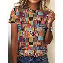 Vibrant Patchwork Women's Tee - Boho Mixed Pattern Graphic, Colorful Ethnic Print Design for Casual Daily Wear M