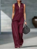 European & American Women's Stand Collar Sleeveless Cotton Linen Jumpsuit Large