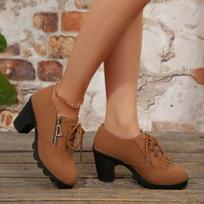 Spring Women's High-heel Boots 2026 British New Furry Lined Mid Heel Ankle Boots Classic Female Zipper Campus Size 35-42 Zapatos 35