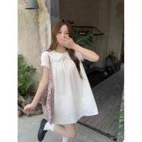 Women's Peter Pan Collar Short Sleeve Mini Dress Loose Fit Mid Waist Vintage Casual White Cotton Summer Puff Sleeve A-Line Daily Dress S