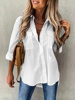 Women Fashion Solid Color Lapel Shirt Pocket Decoration Shirt Casual Loose and Simple Long Sleeved Shirt XS