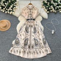 Moterų Rožinė Ilga Suknelė Vasarinė Prancūziško Retro Stiliaus Trumpomis Rankovėmis Spausdinta Šventinė Suknelė Moterims Lieknas A-silueto Elegantiškas Ilgas Chalatas Vestidos M smėlis