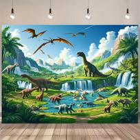 Vibrant Jurassic Dinosaur Jungle Backdrop Waterfall and Mountain Scene Background Cloth for Party Decoration 47.2x31.5inch/120*80cm
