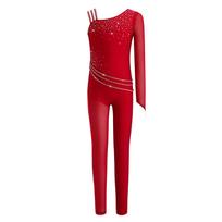 Girls Asymmetrical Figure Skating Jumpsuit Back Invisible Zipper Mesh Patchwork Sparkly Rhinestones Bodysuit 5-6 Years