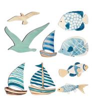 9 Pcs Beach Wooden Wall Decor Coastal Ocean Style Wall Art Rustic Fish Seagull Sailboat Hanging Sculpture for Lake House Home Bedroom Sets