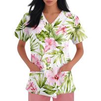 Women's Short Sleeve V Neck Hawaiian Print Medical Scrub Top with Pocket Lightweight Comfortable Fit for Healthcare Professionals XL