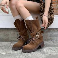 Cowhide version~ Retro knight boots women's thick-soled thick-heeled Martin boots belt buckle mid-tube western cowboy boots locomotive boots 35