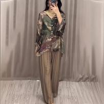 Ramadan Two Piece Sets Print Shirt Wide Leg Pants Women Muslim Casual Suits Arab Musulman Ensembles Moroccan Kaftan Islamic XS