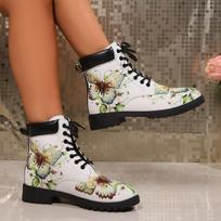 Boots Woman Elegantes Lace Up Low Heel Ankle Botas Mujer Ladies Casual Shoes Retro Round Toe Printing Boot Chelsea Bottes Femmes 36