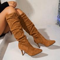 Vintage Pleated Women Knee High Boots Fashion Pointed Toe High Heels Shoes Autumn Winter Ladies Sexy Long Boots Zapatos De Mujer 35