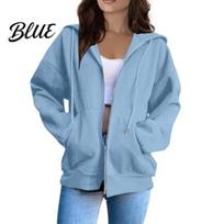 Full Zip Hooded Coat Women Zip-Up Hoodies Casual Long Sleeve Sweatshirt with Pockets Fall Winter Solid Color Drawstring S
