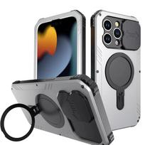Aluminum Bumper For iPhone 15 Pro Max Full Body Shockproof Metal Phone Case MagSafe Magnetic Cover Camera Stand Screen Protector For iPhone 15 Pro Max&Aluminum&Case & Holder