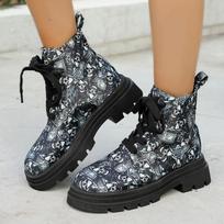 Fashion Autumn/Winter New Platform Modern Ankle Boot Women Round Toe Printed Lace-up Thick Bottom Motorcycle Boots Gothic Shoes 36