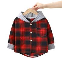 Kids Plaid Hooded Shirt Spring Fall Chest Pocket Button Closure Loose 140cm