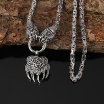 Vintage Viking Bear Claw Wolf Head Warrior Pendant Necklace Punk Style Stainless Steel Chain Norwegian Jewelry Gift for Men Women