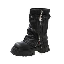 New 5.5cm Winter Women Mid-calf Boots Western Short Boots Belt Buckle Soft Leather Boots Fashion Thick Bottom Platform Shoes 35
