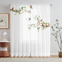 Set Of 2 Hd Digital White Branches Bird Printed Window Valance Home Decorating Style Living Room Bedroom Rodding Curt Curtain Polyester Ideal For W100*H70(CM)-Hooks&1PCS