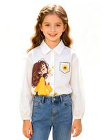 Girls 120-160cm Daily Fashion Cartoon Print Long Sleeve Lapel Button-Down Shirt 120