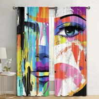 2Pcs Abstract Curtains Woman Face Art Composition Paint Strokes And Splashes Eye Red Lips Pattern Window Drapes Ai2 100*130 Rod Pocket 1pcs